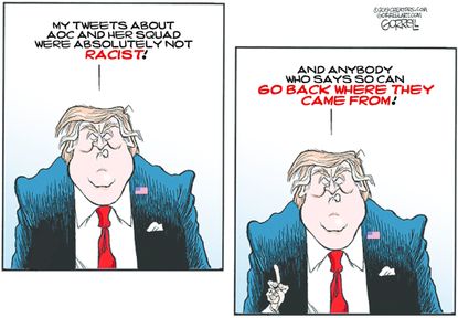 Political Cartoon U.S. Trump AOC Squad Racist Tweets Go Back Where They Came From