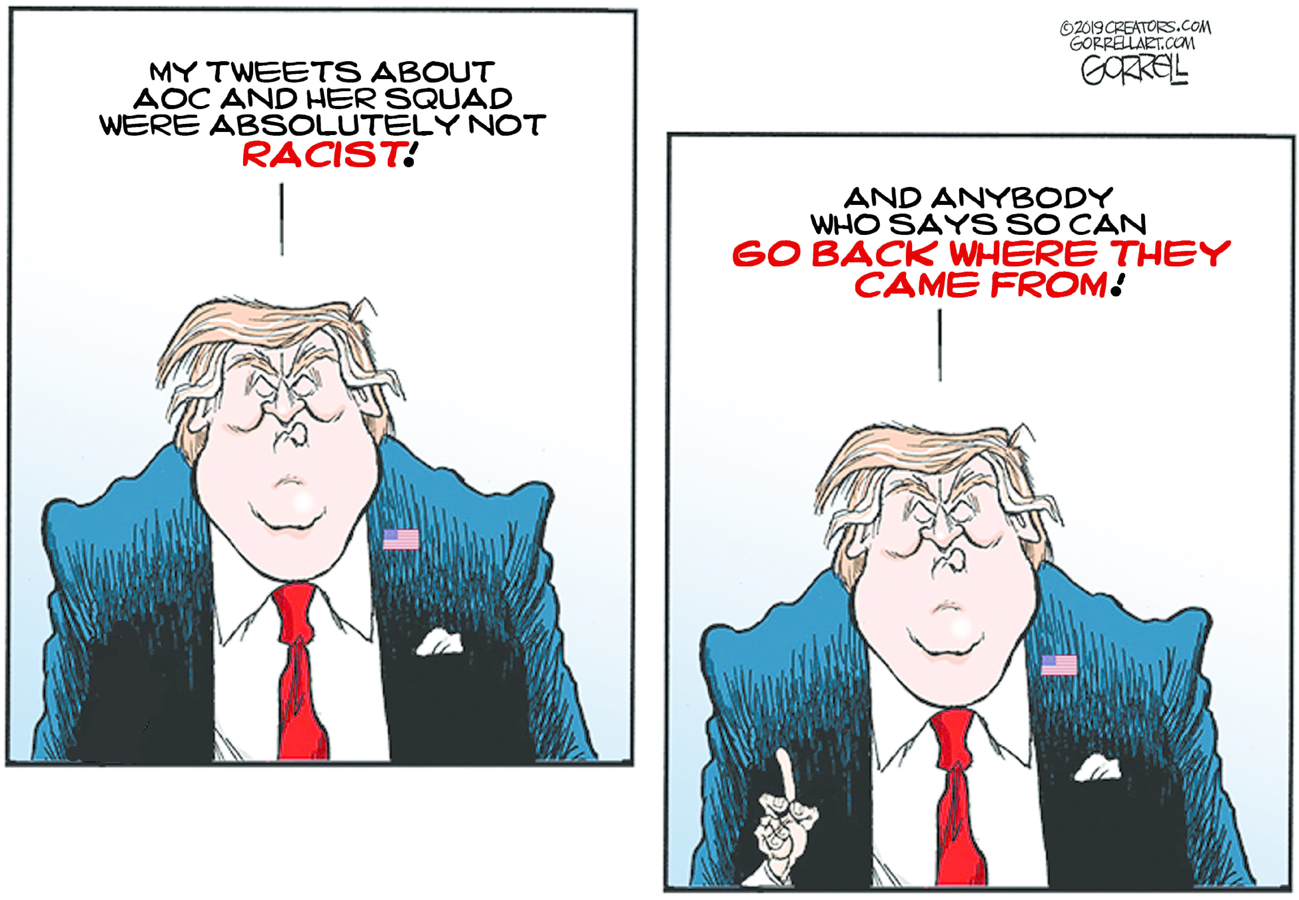 Political Cartoon U.S. Trump AOC Squad Racist Tweets Go Back Where They ...