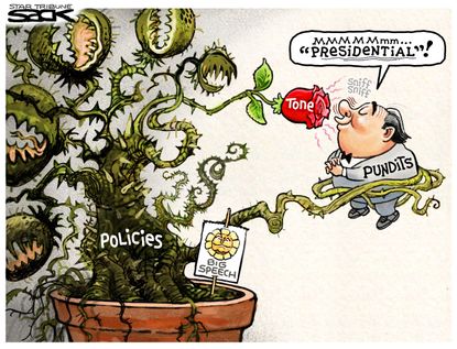 Political Cartoon U.S. Trump speech sounds presidential to pundits