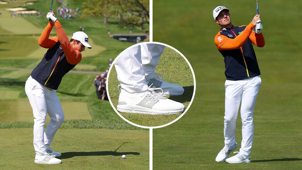 Viktor Hovland and a close up of his Puma golf shoes