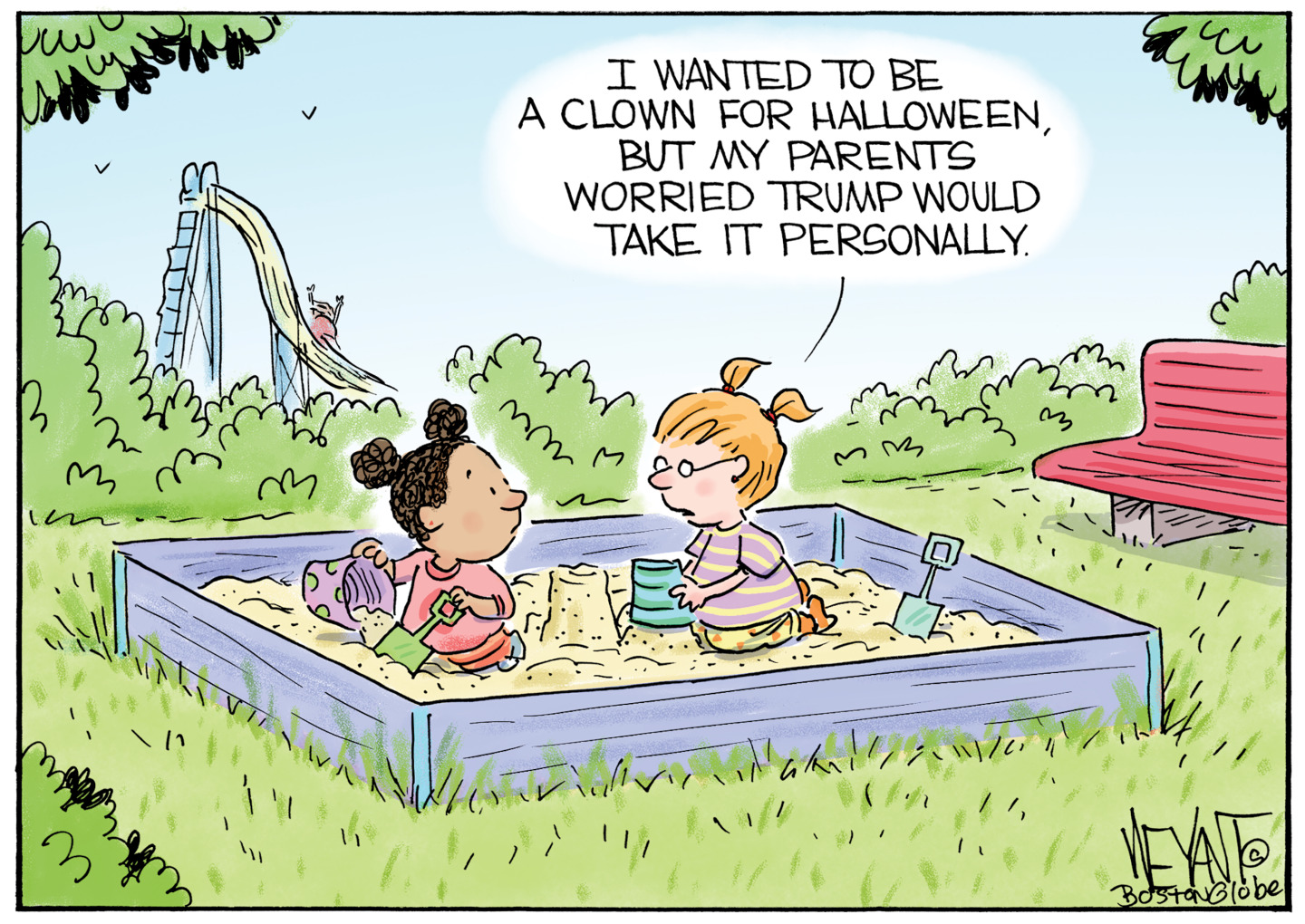 This editorial cartoon depicts two children playing in a sandbox at the playground. One says, &amp;ldquo;I wanted to be a clown for Halloween, but my parents worried Trump would take it personally.&amp;rdquo;