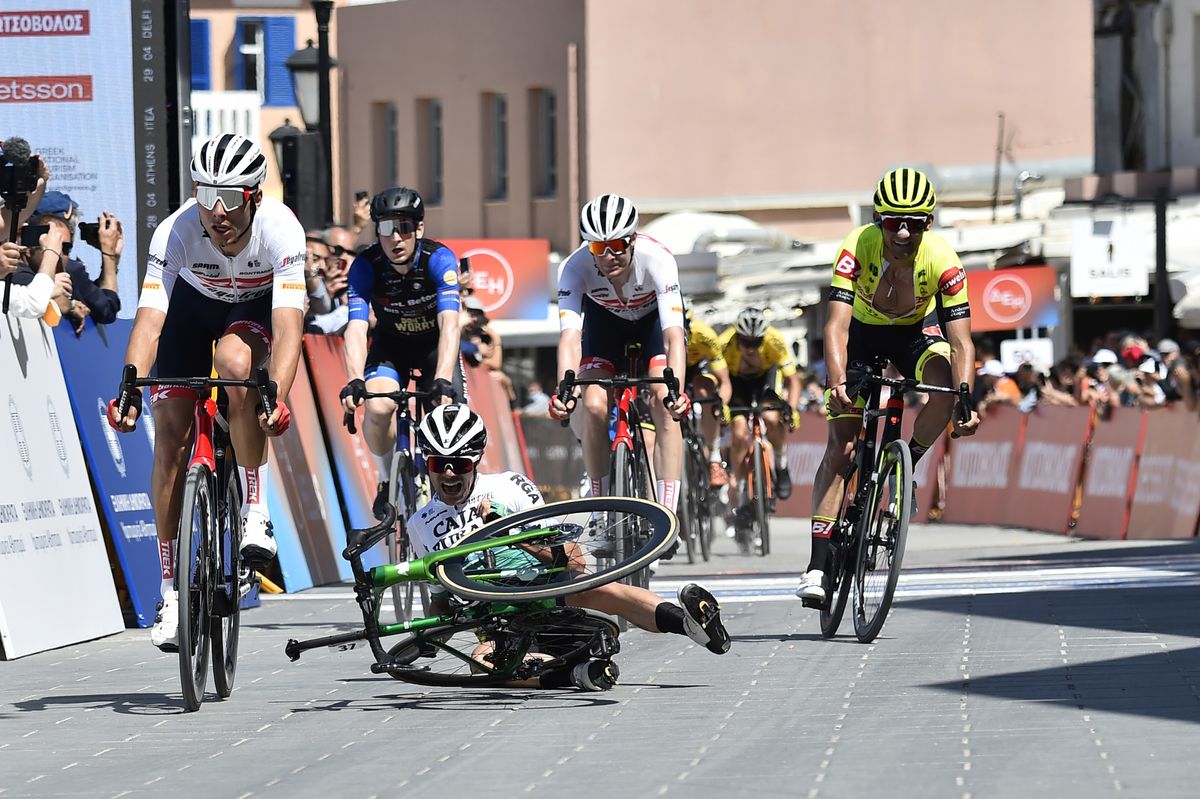 International Tour of Hellas 2022 17th Edition 1st stage Heraklion Chania 1901 km 27042022 Crash Eduard Prades ESP Caja Rural Seguros RGA Filippo Baroncini ITA Trek Segafredo photo Tommaso PelagalliSprintCyclingAgency2022