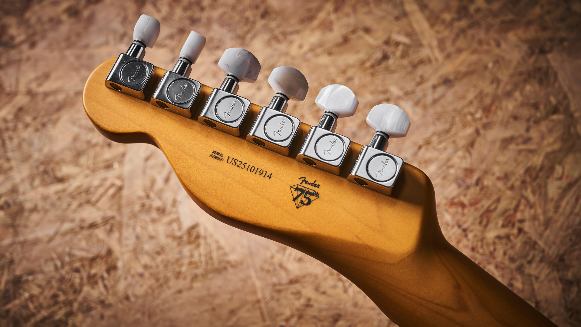 The back of the headstock on the Fender 75th Anniversary American Professional Classic Cabronita Telecaster electric guitar