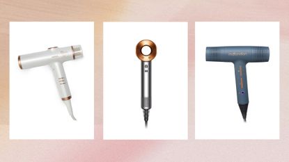 Collage of images of three of the quietest hair dryers included in this guide from Beauty Works, Dyson and mdlondon, in white boxes against a pink watercolour-style background