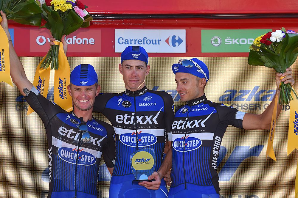 Etixx-QuickStep riders on the stage 19 podium for best team