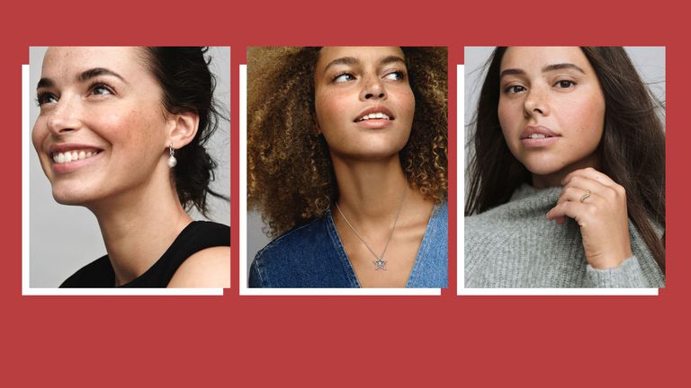 Best jewelry brands for women composite image of three women one wearing pearl earrings, one wearing a star necklace and one wearing a gold ring