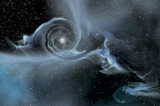 An artist's drawing shows a large stellar-mass black hole pulling gas away from a companion star.