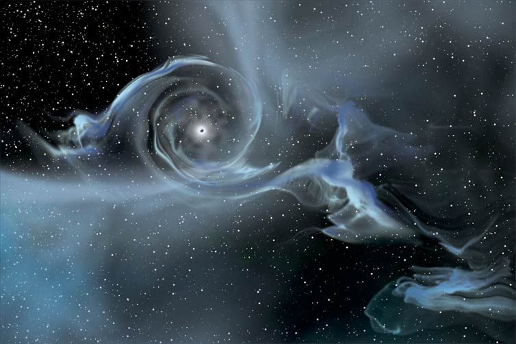 An artist&#039;s drawing shows a large stellar-mass black hole pulling gas away from a companion star.