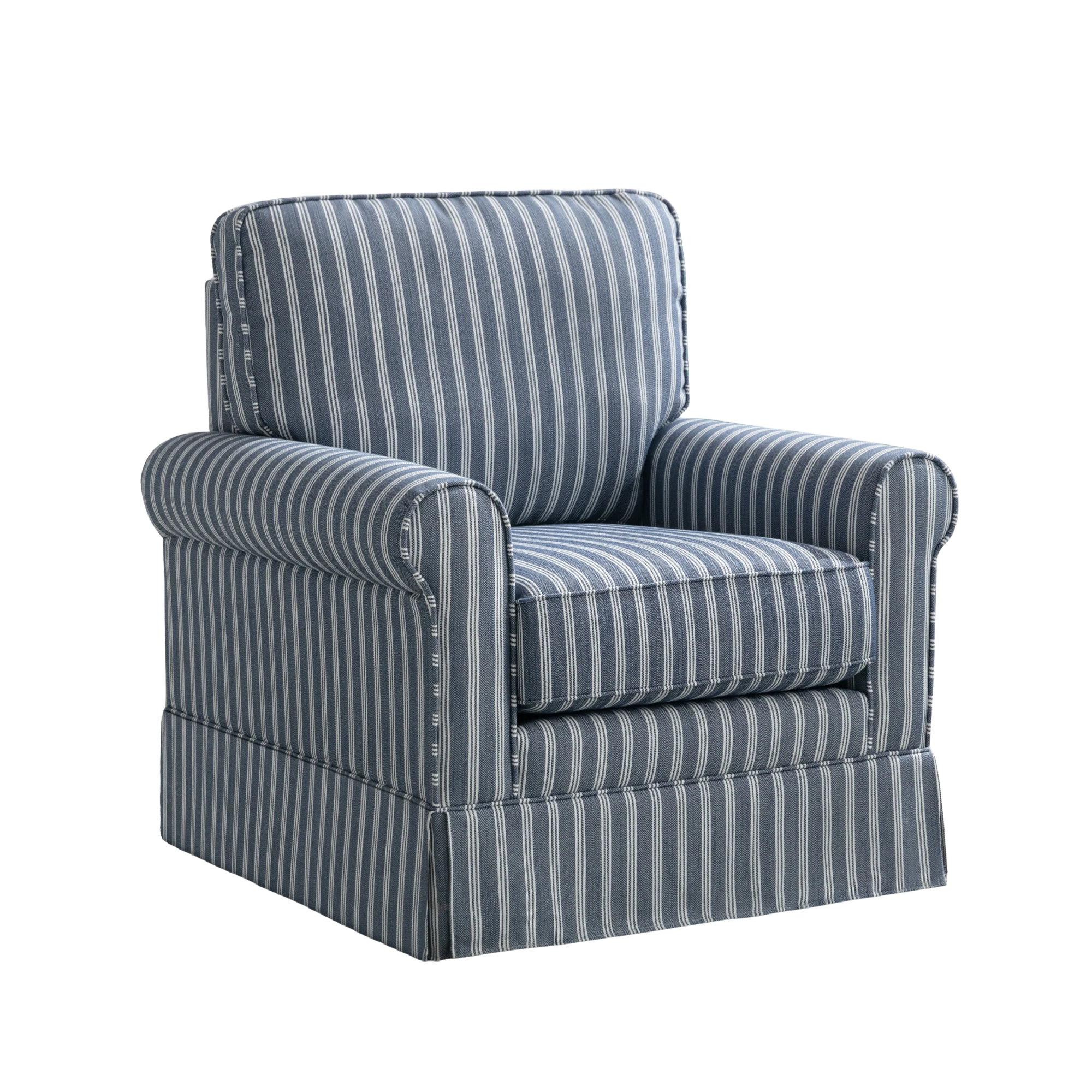 a blue and white striped accent chair