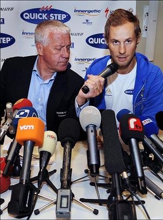 Patrick Lefevere and Tom Boonen during the press conference announcing his cocaine positive