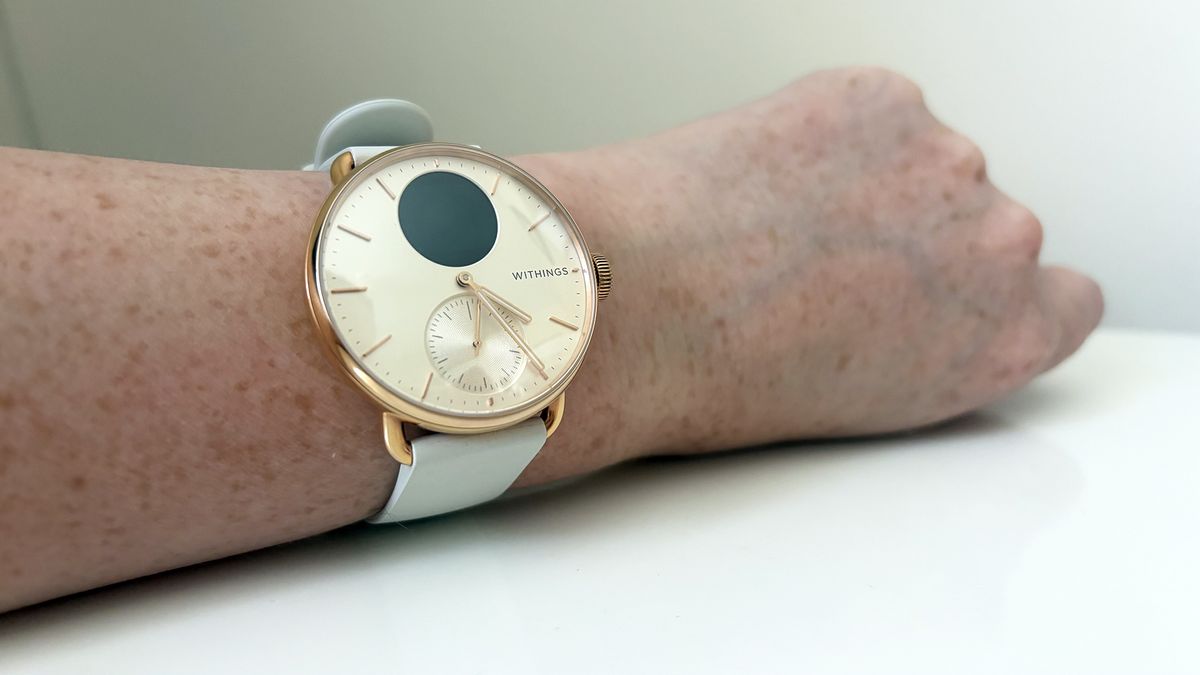 A closeup of the Withings ScanWatch 2 on our reviewer's wrist