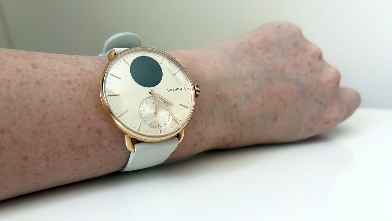 A closeup of the Withings ScanWatch 2 on our reviewer's wrist