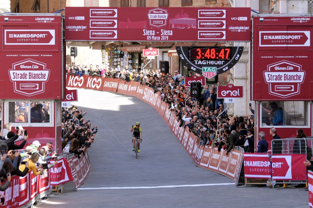 SIENA ITALY MARCH 09 Arrival Annemiek van Vleuten of The Netherlands and Team Mitchelton Scott Celebration Public Landscape during the 5th Strade Bianche 2019 Women a 136km race from Siena to Siena Piazza del Campo StradeBianche Eroica on March 09 2019 in Siena Italy Photo by Luc ClaessenGetty Images
