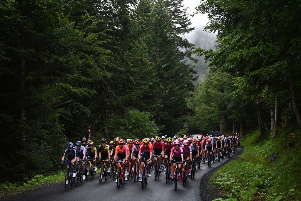 MAURIAC FRANCE JULY 24 A general view of Pfeiffer Georgi of The United Kingdom and Team dsmfirmenich Anna Henderson of The United Kingdom and Team JumboVisma Eva Van Agt of The Netherlands and Team JumboVisma Alice Towers of The United Kingdom and Team CanyonSRAM Racing Katarzyna Niewiadoma of Poland and Team CanyonSRAM Racing Polka dot Mountain Jersey Christine Majerus of Luxembourg Marlen Reusser of Switzerland Demi Vollering of The Netherlands and Team SD Worx Protime Pink UCI Womens WorldTour Leader Jersey Magdeleine Vallieres of Canada Veronica Ewers of The United States and Team EF EducationTIBCOSVB and the peloton compete during the 2nd Tour de France Femmes 2023 Stage 2 a 1517km stage from ClermontFerrand to Mauriac UCIWWT on July 24 2023 in Mauriac France Photo by Tim de WaeleGetty Images