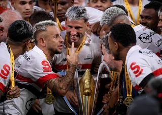 Sao Paulo players celebrate after beating Palmeiras to win the Copa do Brasil in February 2024.