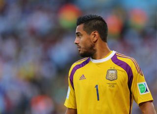 Sergio Romero in action for Argentina in the 2014 World Cup final.