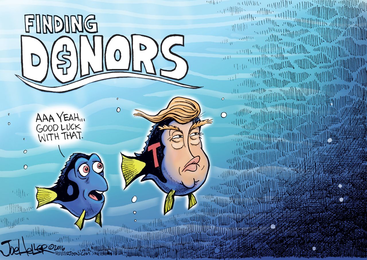 Political cartoon, U.S. Donald Trump campaign fundraising