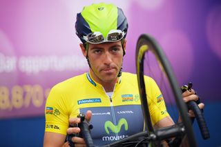 Race leader Alex Dowsett of Great Britain and Team Movistar attends the start of stage seven of the 2014 Tour of Britain from Camberely to Brighton.