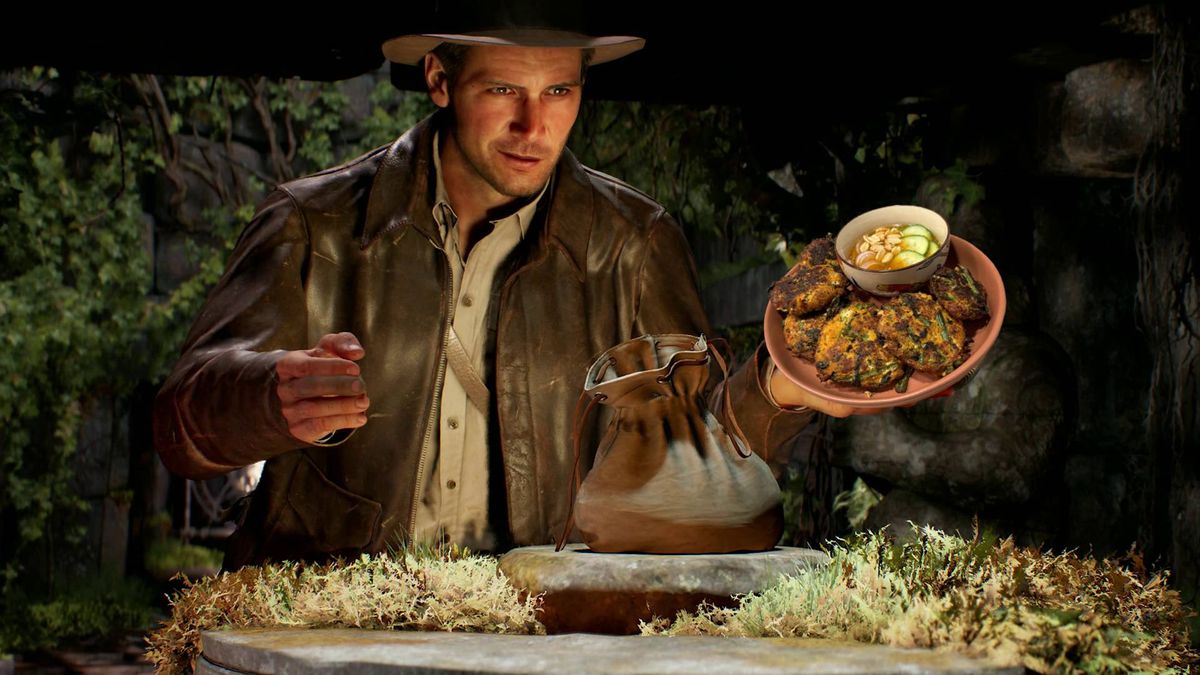 Indiana Jones and the Great Circle Indy holding Thai fishcake dish in temple