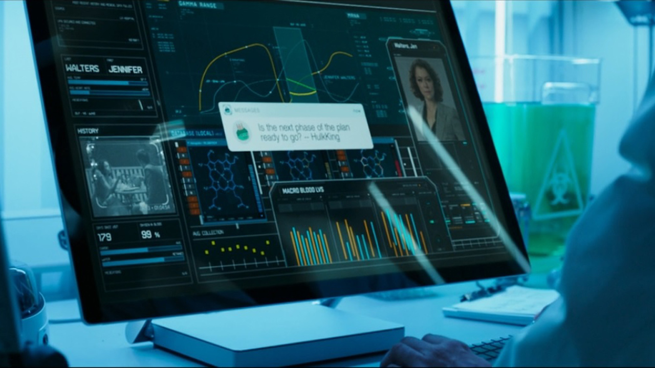 A computer screen in the lab shows Jennifer Walters' DNA and a pop-up message in episode 6 of She-Hulk