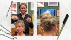 A screenshot of Michael Douglas and Homes' Editor, Tamara Kelly taken from an updo hairstyling video: the first image shows Michael discussing Tamara's hair, and then the next sees her updo from the back/ in a white and grey template with the mdlondon teasing brush and some hair clips.