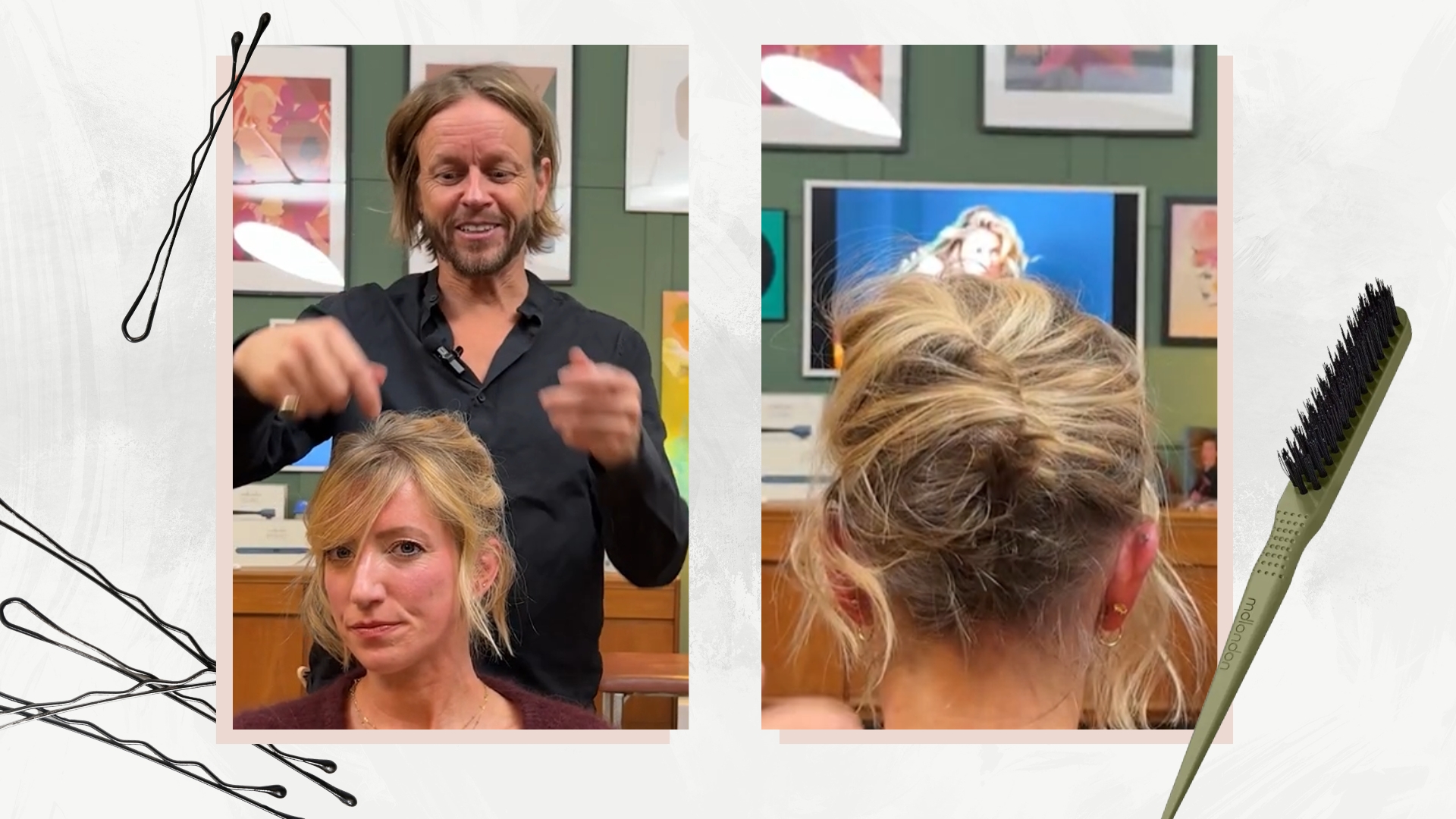 A screenshot of Michael Douglas and Homes' Editor, Tamara Kelly taken from an updo hairstyling video: the first image shows Michael discussing Tamara's hair, and then the next sees her updo from the back/ in a white and grey template with the mdlondon teasing brush and some hair clips.