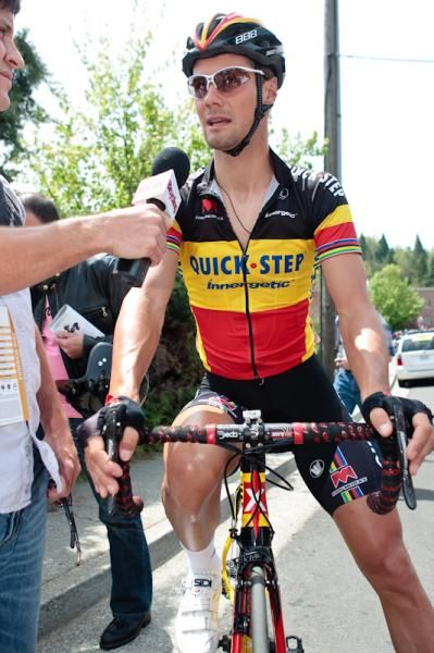 Belgian star Tom Boonen is interviewed before the start.