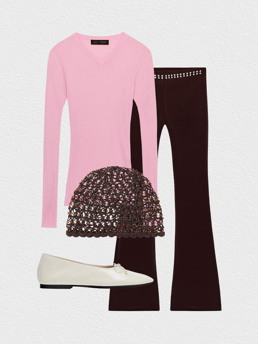 Pink top and brown pants outfit