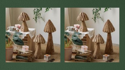 Wooden mushrooms and potted plants