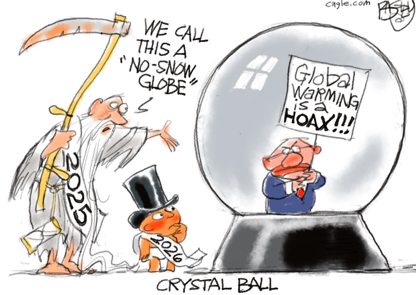 This cartoon is titled Crystal Ball. Father Time and Baby New Year stand next to a large glass globe with no snow in it and instead an angry man inside it. The angry man holds a sign that reads, &amp;ldquo;Global warming is a hoax!!!&amp;rdquo; Father Time says, &amp;ldquo;We call this a &amp;lsquo;no-snow globe.&amp;rsquo;&amp;rdquo;