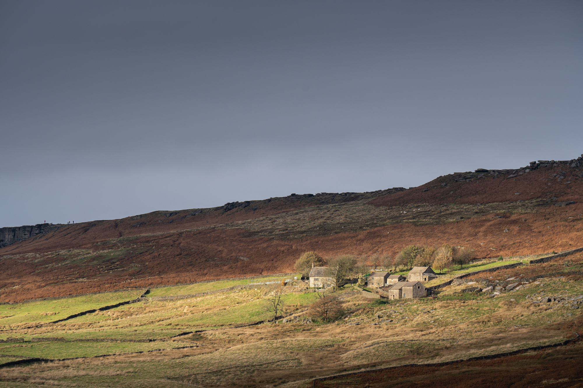 A hilly landscape under a grey sky