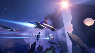 Press image for the video game Homeworld 3. Here we see one larger spaceship surrounded by 4 smaller spaceships as they zip through space between two giant metal pillars.