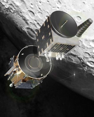 Artist's illustration of Firefly Aerospace's Blue Ghost transfer vehicle deploying the European Space Agency's Lunar Pathfinder satellite in lunar orbit.