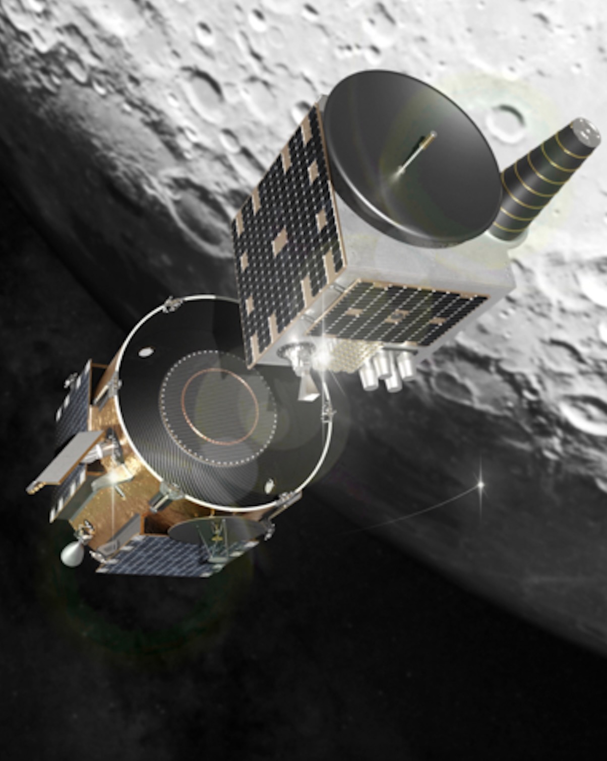 Artist's rendering of Firefly Aerospace's Blue Ghost transfer vehicle deploying the European Space Agency's Lunar Pathfinder satellite into lunar orbit.