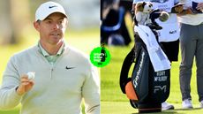 Rory McIlroy waves to the crowd, with a close-up of his golf bag