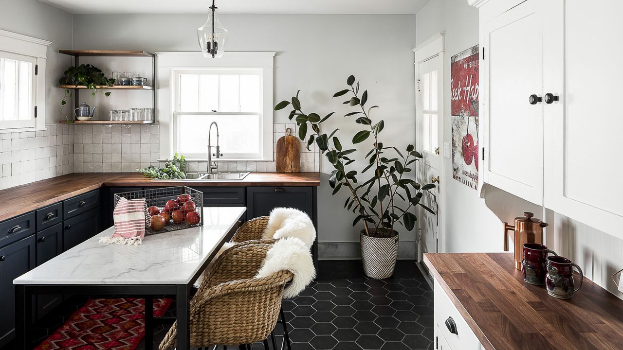 country style kitchen renovation with timber benchtops and dark floors