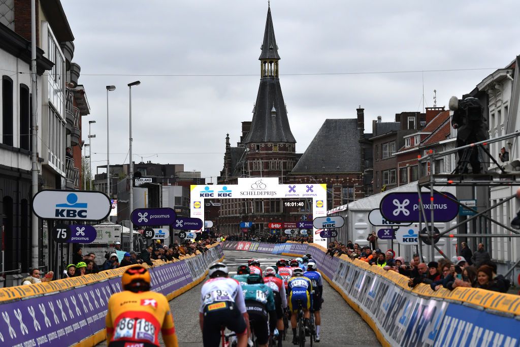 SCHOTEN BELGIUM APRIL 06 A general view of the peloton passing through a landscape during the 110th Scheldeprijs 2022 Mens Elite a 1987km one day race from Terneuzen to Schoten SP22 on April 06 2022 in Schoten Belgium Photo by Luc ClaessenGetty Images