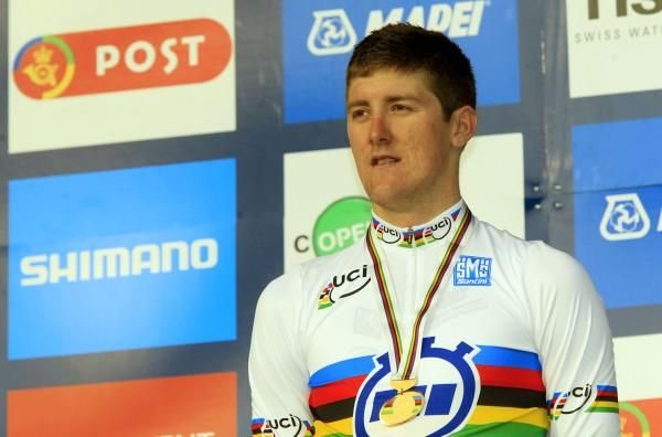 Luke Durbridge (Australia) listens to the Australia national anthem