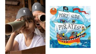 World book day illustrated by Image of kid dressed as pirate and port side pirates book for World Book Day