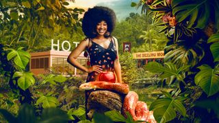 An image of Imani superimposed on a jungle background with temptations in the form of a hotel and Chinese take away. There is also a bright red apple in the foreground with a dangerous looking orange snake coiled around it. 