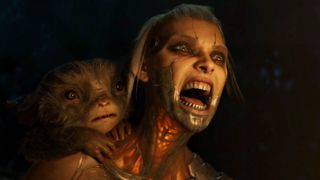 A scary creature that looks like a female cyborg with something less scary - an alien, perhaps - clinging to its shoulder. From Love, Death & Robots Volume 4