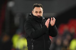 Liverpool target Roberto De Zerbi, Manager of Brighton & Hove Albion, applauds fans following the Emirates FA Cup Fourth Round match between Sheffield United and Brighton & Hove Albion at Bramall Lane on January 27, 2024 in Sheffield, England.