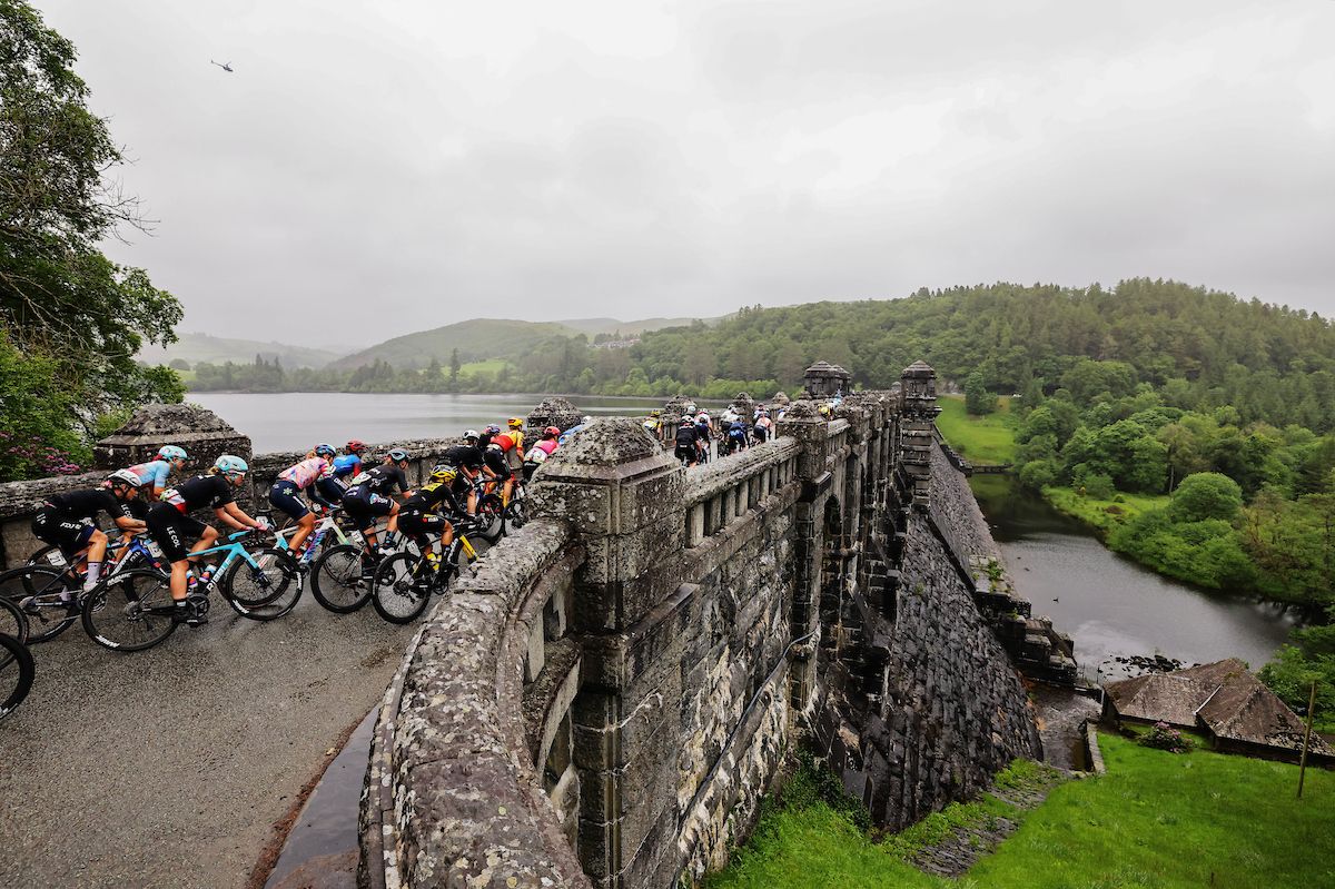 Picture by Alex Whitehead/SWpix.com - 09/06/2022 - Cycling - The Womenâ€™s Tour 2022 - Stage Four - Wrexham to Welshpool, Wales - The Peloton passing over Lake Vyrnwy Dam