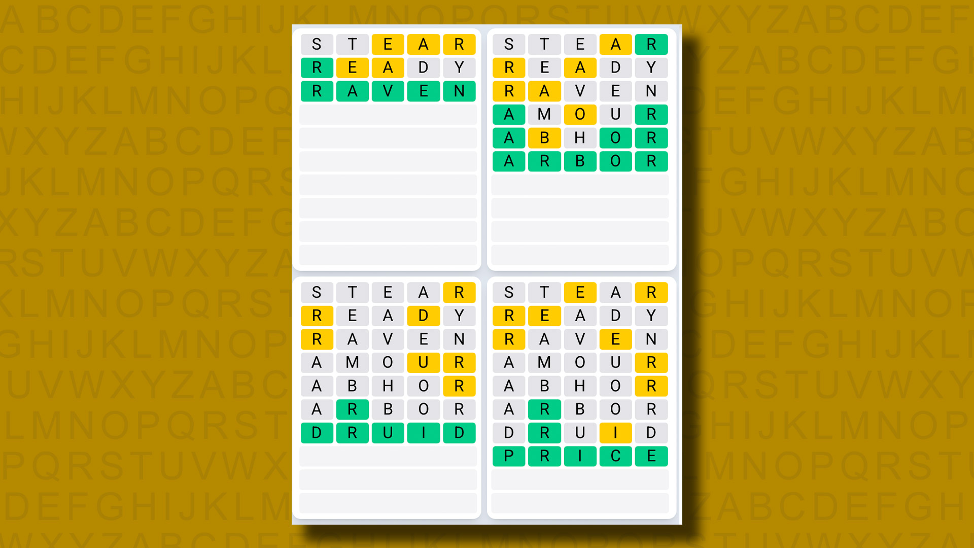 Quordle Daily Sequence answers for game 1252 on a yellow background