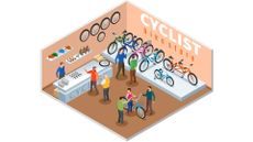 A animated image of a bike shop with people looking at bikes