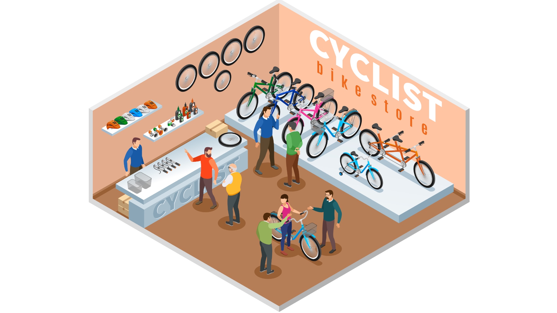 A animated image of a bike shop with people looking at bikes