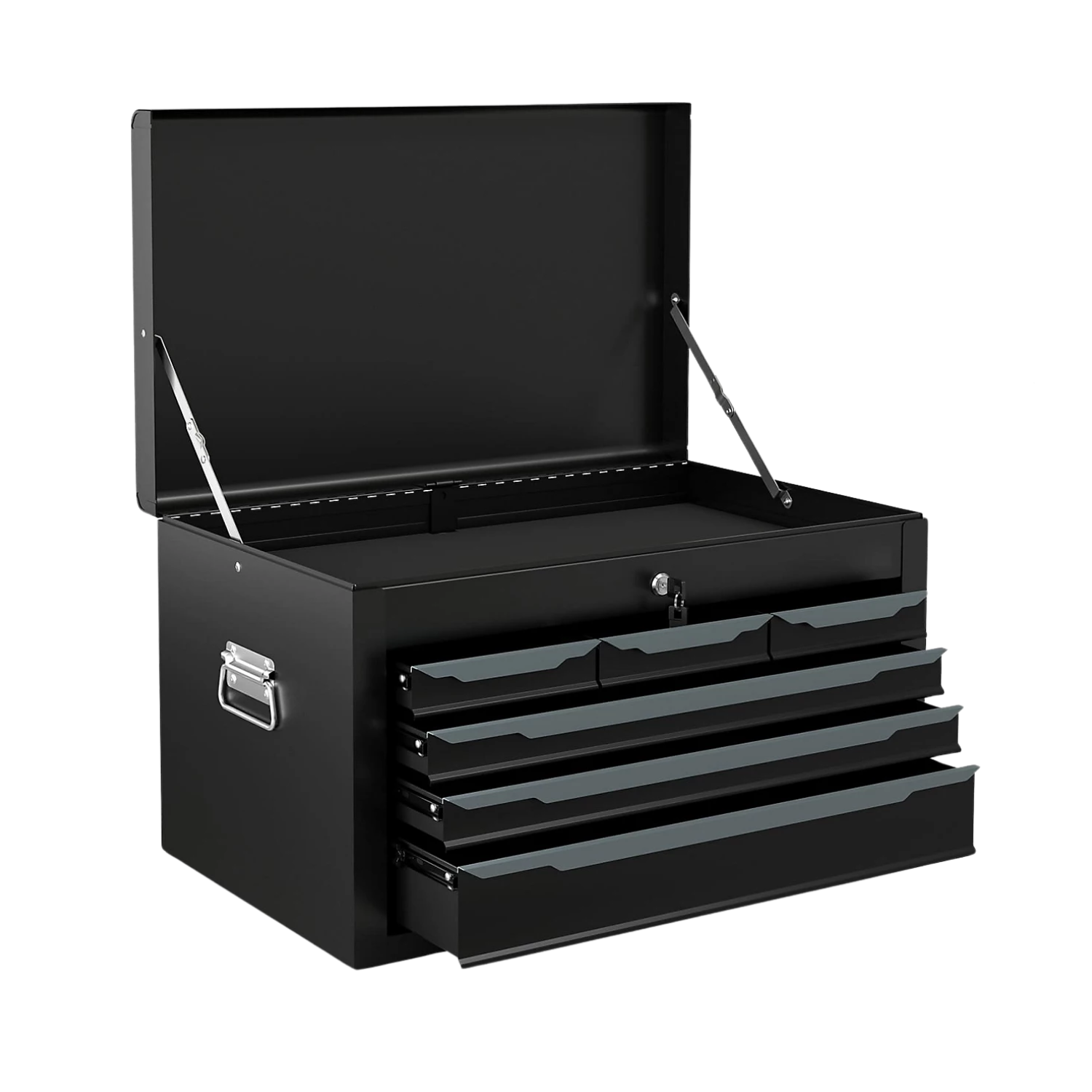 A black tool box with drawers