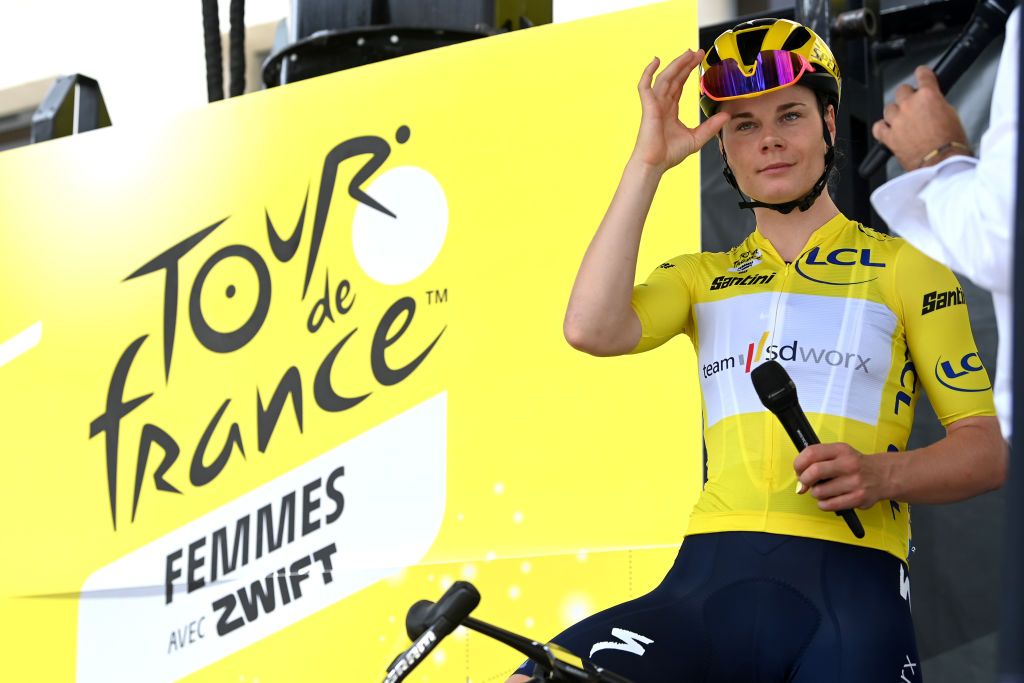 CLERMONTFERRAND FRANCE JULY 24 Lotte Kopecky of Belgium and Team SD Worx Protime Yellow leader jersey prior to the 2nd Tour de France Femmes 2023 Stage 2 a 1517km stage from ClermontFerrandMauriac UCIWWT on July 24 2023 in ClermontFerrand France Photo by Tim de WaeleGetty Images