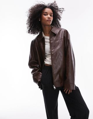 Topshop Faux Leather Cracked Vinyl Jacket in Brown