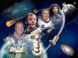 Bill Hinsch's rendering for his mural "Ohioans in Space" highlights the accomplishments of John Glenn, Neil Armstrong, Jim Lovell and Judy Resnik, as well flight director Eugene Kranz.
